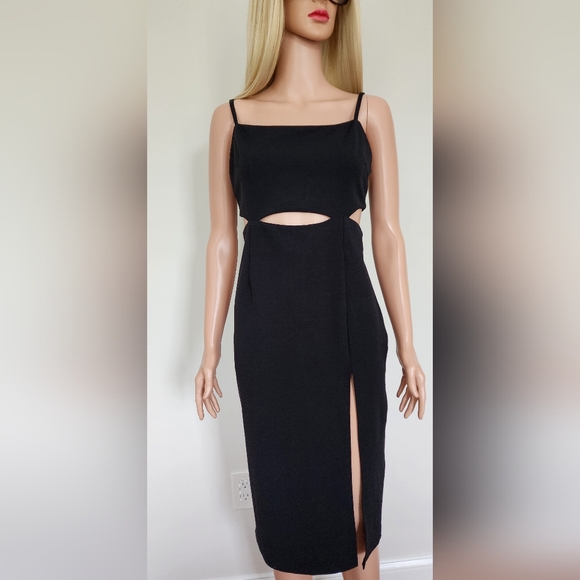 JUST QUELLA BLACK CUTOUT SPAGHETTI STRAPS FITTED PARTY CLUBBING MIDI DRESS - Picture 1 of 11
